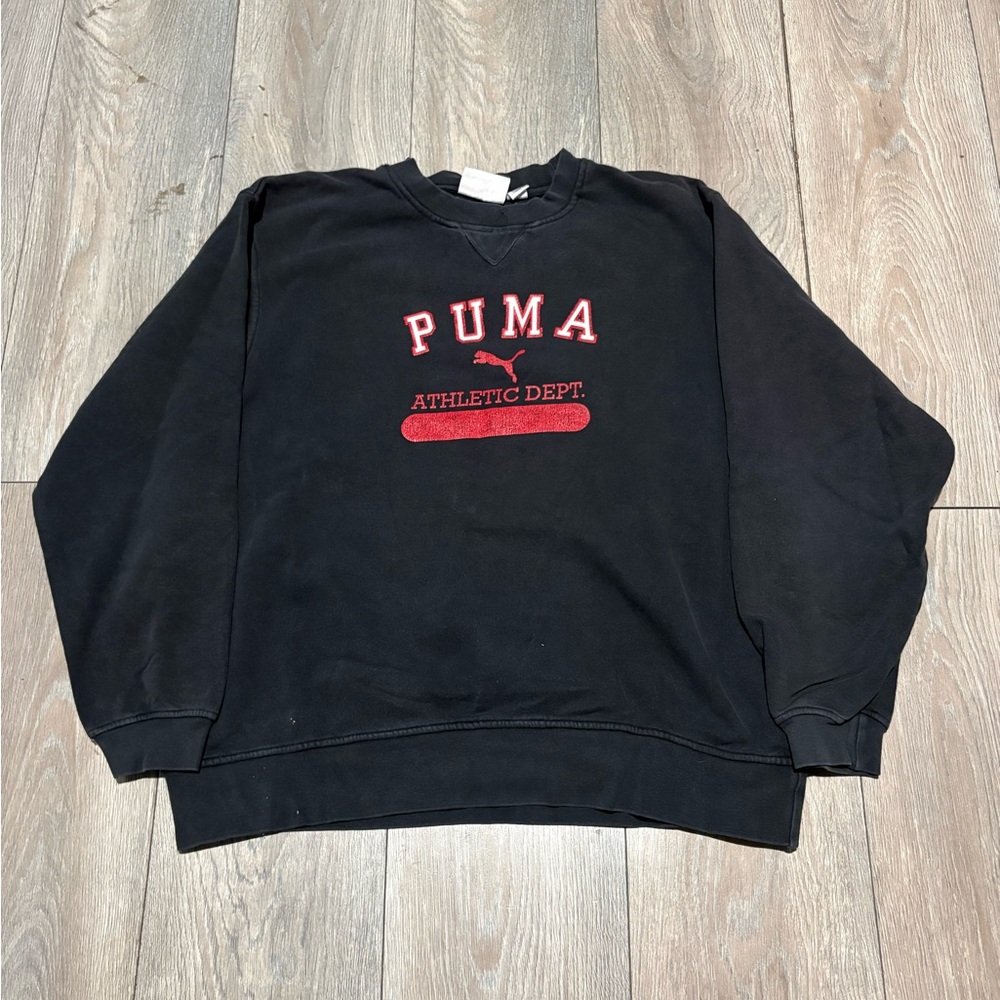 Men Y2K Baggy Faded Black Puma Long Sleeve Crew Neck Size Large Spellout Logo